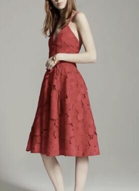 Badgley Mischka Collection Red Lace Embroidered Floral Dress